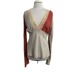 Miss Rita Women's M 70's Hippie Patchwork‎ Lace V Neck Long Flare Sleeve Blouse